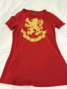Red Short Sleeve Tee with Gold Sequin Lion Crest